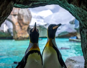 Two penguins in a cave looking out at a water scene