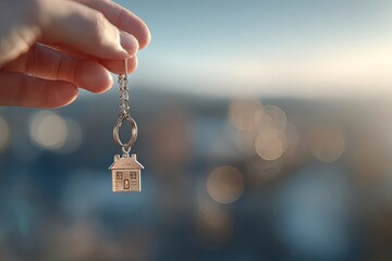 Hand Holding House Keychain Against Blurred Cityscape