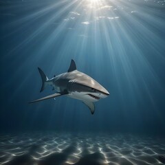 Fototapeta premium A majestic shark glides through the deep blue ocean as brilliant sunbeams pierce the water's surface from above