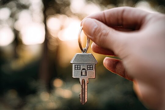 Hand Holding House Shaped Keychain Key - Powered by Adobe