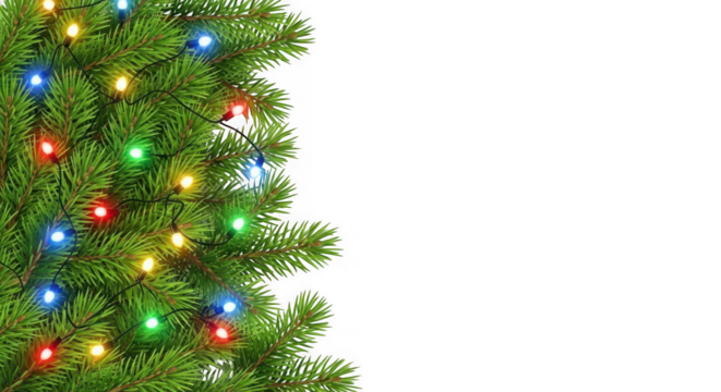Christmas tree branch decorated with colorful lights, isolated on transparent background