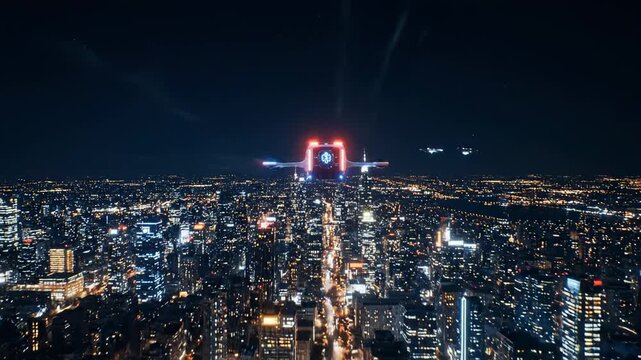 Futuristic Air Taxi Flying Over a Dazzling Cityscape at Night, Urban Mobility Innovation.