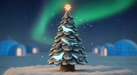 Festive christmas tree decorated with seals under the aurora borealis in a snowy landscape with igloos