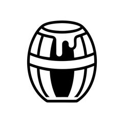 Small wooden barrel with honey overflowing, line art style.