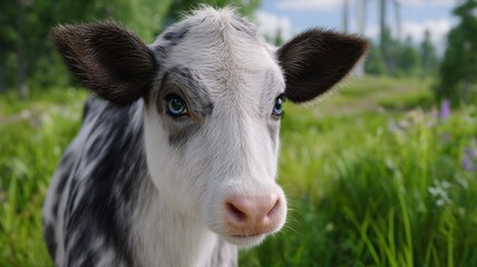 Fototapeta premium A young calf with striking blue eyes stands in a lush green field its gaze directed forward
