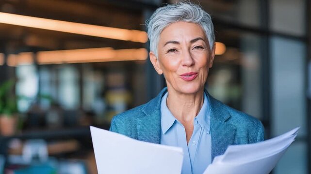 Confident Professional Woman Holding Documents: A close-up shot of a poised senior woman in professional attire, holding documents, epitomizing business acumen and a sense of poised confidence.