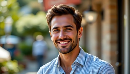 there is a man standing outdoors. he has a beard and short hair, and is wearing a blue plaid shirt with a checkered pattern