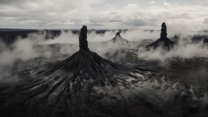 Dark, volcanic landscape shrouded in mist