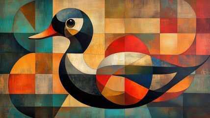Abstract, a duck represented through bold geometric shapes and contrasting colors, providing a modern, artistic interpretation with an emphasis on visual impact.