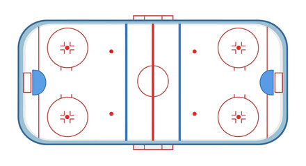 Detailed vector illustration of an ice hockey rink from a top-down aerial perspective, showcasing the field layout and markings for a game