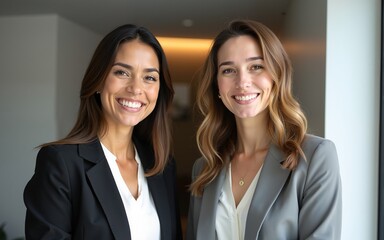 Two joyful beautiful business women in office hall. High quality
