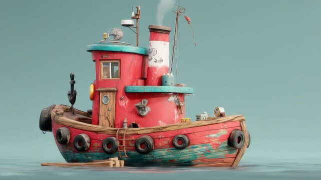 A charming, weathered cartoon tugboat floats on serene water. It features a red hull, blue trim, and cartoonish details with smoke billowing from its stack