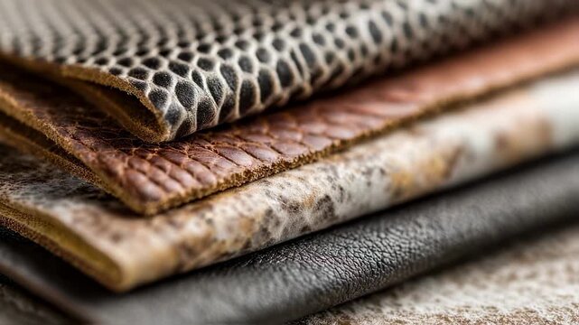 Detailed view of exotic leather swatches from fish skin and mushroom edges sharp in focus while surrounding workspace fades gently illustrating environmentally conscious