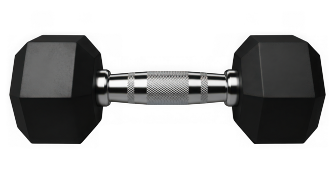 Black dumbbell with chrome handle isolated on transparent background for exercise