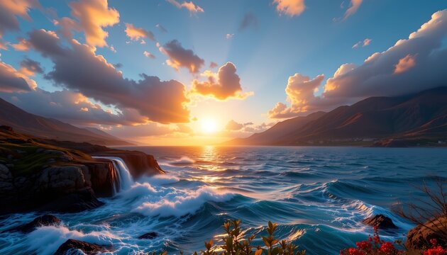 a serene beach scene at sunrise or sunset. the sky is painted with hues of orange and yellow, casting a warm glow over the landscape