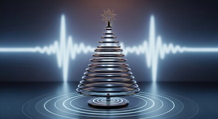 A futuristic christmas tree made of metallic rings, with a pulsating sound wave in the background