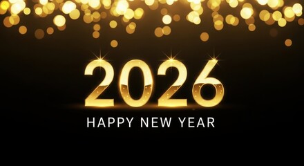 Sparkling golden 2026 happy new year greeting with festive bokeh lights
