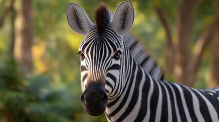 Fototapeta premium Close up portrait of a zebra's head with striking black and white stripes in a natural environment