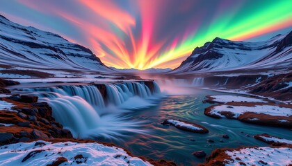 a breathtaking landscape featuring a stunning natural phenomenon: a vibrant rainbow that arcs across the sky, its colors vividly against the backdrop of the clear sky