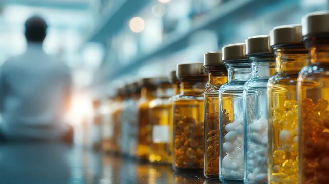 Row transparent glass jars containing different colored chemicals stands on laboratory table, while blurred scientist works in distance. Highlights science, research, laboratory precision