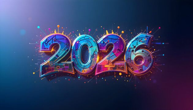 2026 futuristic metallic numbers with glowing circuits and sparks year - Powered by Adobe