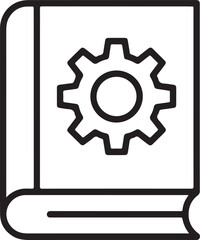 Simple line art icon of a book with a gear symbol on the cover representing technical manual or guide