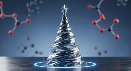 Futuristic metallic christmas tree with glowing blue ring and molecular structures