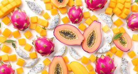 Delightful assortment of fresh papaya, mango, and dragon fruit creating a vibrant tropical fruit sensation for smoothies or desserts