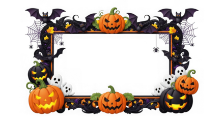 Halloween frame with pumpkins, bats, and ghosts isolated on transparent background