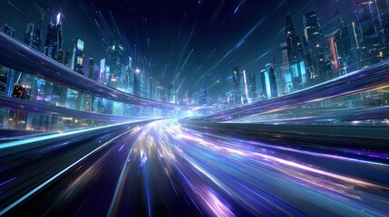 Futuristic Cityscape At Night With Speed Lines