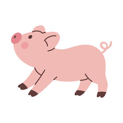 Cute cartoon piglet running playfully with curly tail. Adorable flat farm animal vector illustration for kids, nursery, and childrens projects