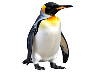 Obraz premium Realistic penguin standing upright, black and white body with yellow markings, isolated on a transparent background, high-resolution PNG cutout