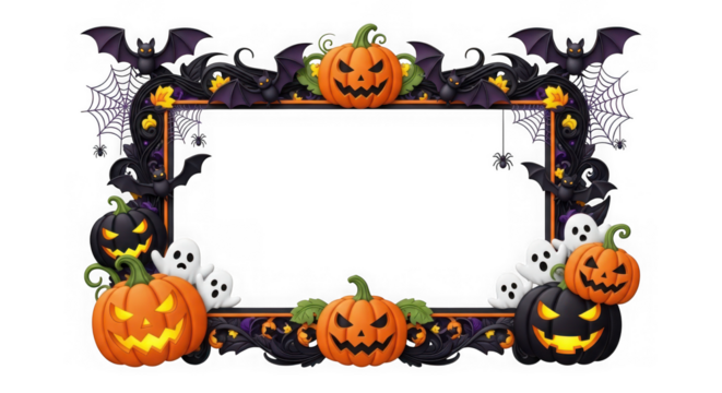Halloween frame with pumpkins, bats, and ghosts isolated on transparent background