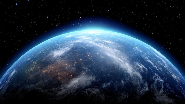 Earth from space showing glowing cities and a network grid across continents under a starry sky