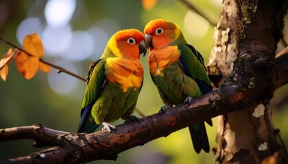 Two parrots cuddling on a branch