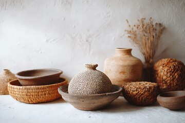 A rustic arrangement of earthenware and woven baskets against a textured white wall, creating a warm, natural aesthetic.