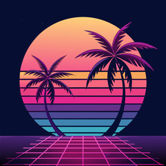 Naklejka premium Retro sunset with palm trees and a grid, evoking a sense of nostalgia and summer vibes.