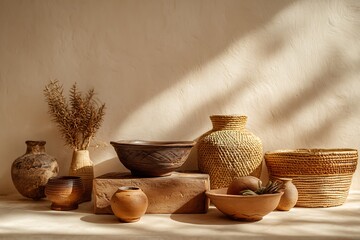 Still life of rustic pottery and dried plants in warm light creates a cozy and inviting atmosphere.