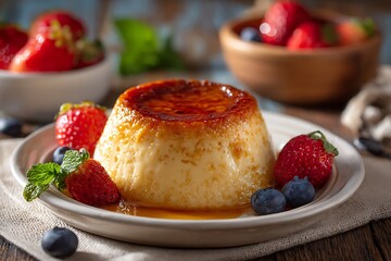 Delicious flan dessert with fresh strawberries and blueberries on a rustic wooden table, culinary delight