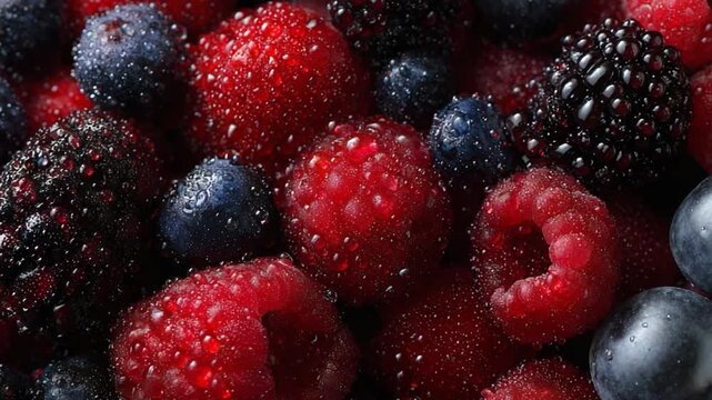 Berry Burst: A vibrant and alluring close-up showcases a bountiful medley of juicy berries, each glistening with freshness and bursting with color, inviting a symphony of flavors and natural goodness.