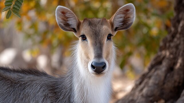 Close up portrait of a young antelope with large ears and dark eyes looking forward