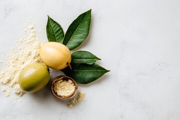 Fresh marula fruits with green leaves and marula powder on a white textured surface.