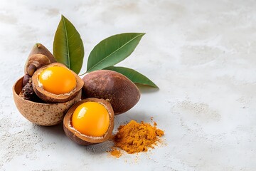 Aromatic and Vibrant Buriti Fruit Still Life: A Close-Up of Nature's Bounty on Textured Surface