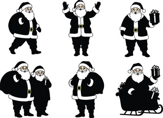 Santa Claus cartoon, festive Christmas character, holiday vector illustration, gift delivery poses, red suit icon, seasonal clipart, cheerful celebration, sleigh and present graphics