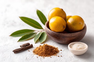 Aromatic still life showcasing vibrant yellow fruits, spices, and leaves in a rustic setting.
