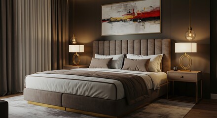 Luxurious modern bedroom interior with a comfortable bed, elegant lamps, and contemporary abstract art, designed for ultimate relaxation and sophisticated comfort