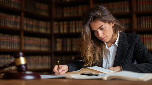 Focused Lawyer Studying Law Books in Library with Gavel