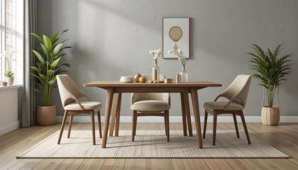 Fototapeta premium Light wood dining table with beige chairs and potted plants image