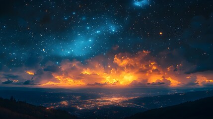 Fototapeta premium Night sky with stars and fiery clouds over a city.