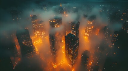Cityscape shrouded in fog at night with illuminated skyscrapers.